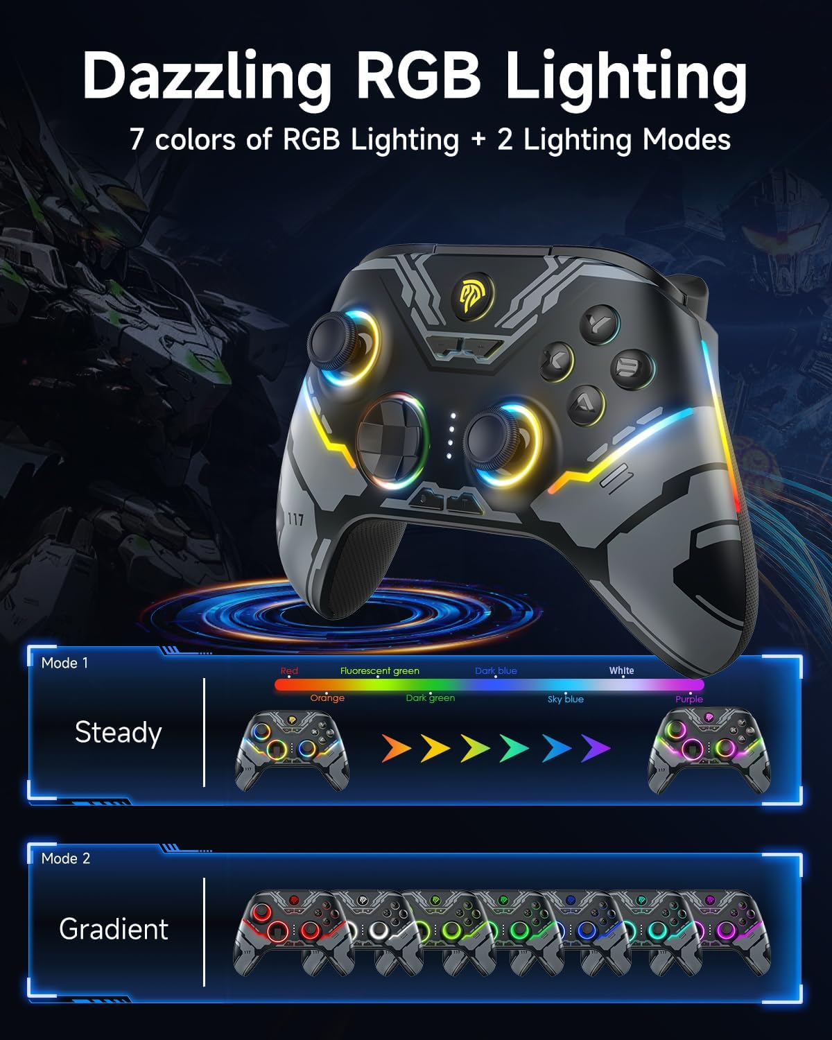 EasySMX X15 Wireless PC Controller with Hall Effect Joysticks & Triggers, RGB Lighting, 2 Back Buttons, 1000mAh Battery, Bluetooth Game Controller for Windows PC, Steam, Switch & Android - Image 3