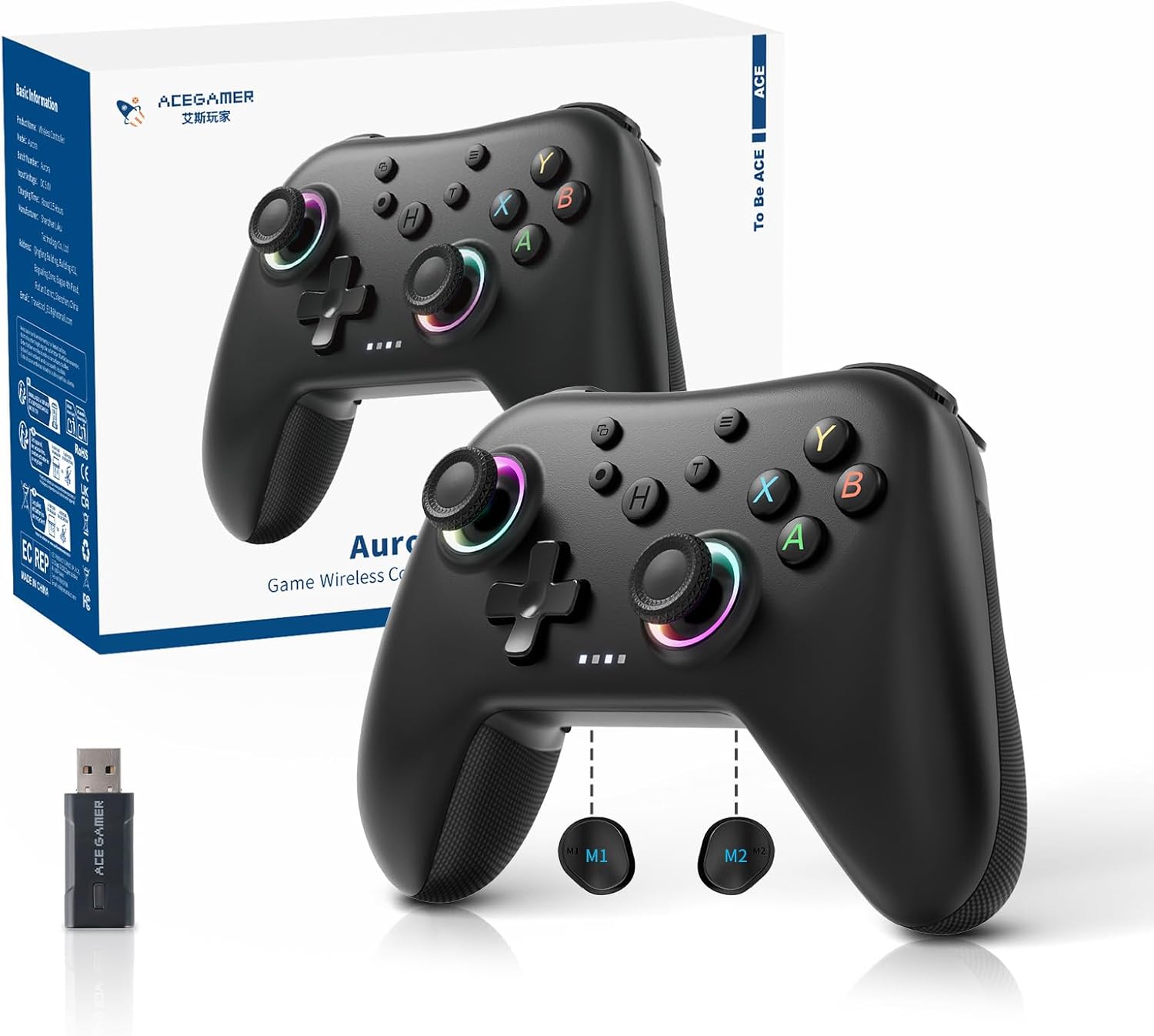 AceGamer Aurora II 2.4G Wireless Bluetooth Controller for PC/Android/Switch/iOS/Switch 2/Steam Deck with Rotary Motors, RGB Hall Effect Joysticks - Upgraded PC Gaming Controller and Back Buttons Lock