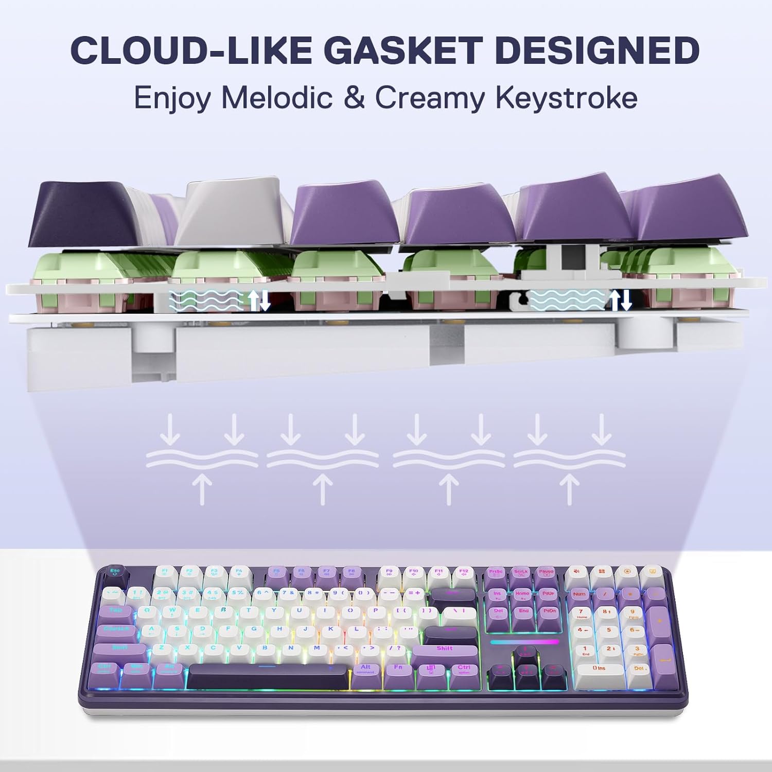 Redragon K745 PRO Wireless Gasket RGB Gaming Keyboard, 108 Keys Mechanical Keyboard w/Extra 4 Hotkeys, Hot-Swap Socket, 5-Layer Noise Dampening, See-Through Round PBT Keycaps, Mint Mambo Switch - Image 5