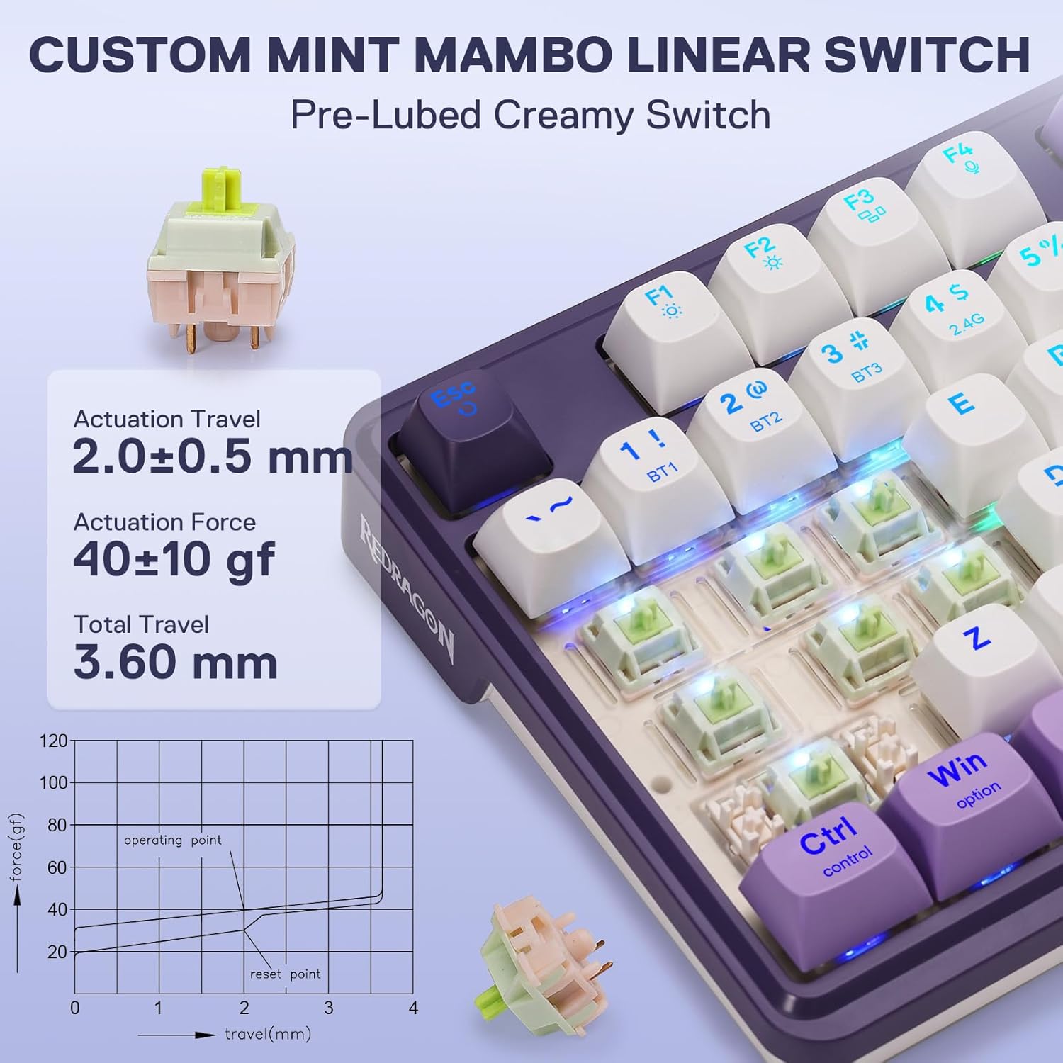 Redragon K745 PRO Wireless Gasket RGB Gaming Keyboard, 108 Keys Mechanical Keyboard w/Extra 4 Hotkeys, Hot-Swap Socket, 5-Layer Noise Dampening, See-Through Round PBT Keycaps, Mint Mambo Switch - Image 6