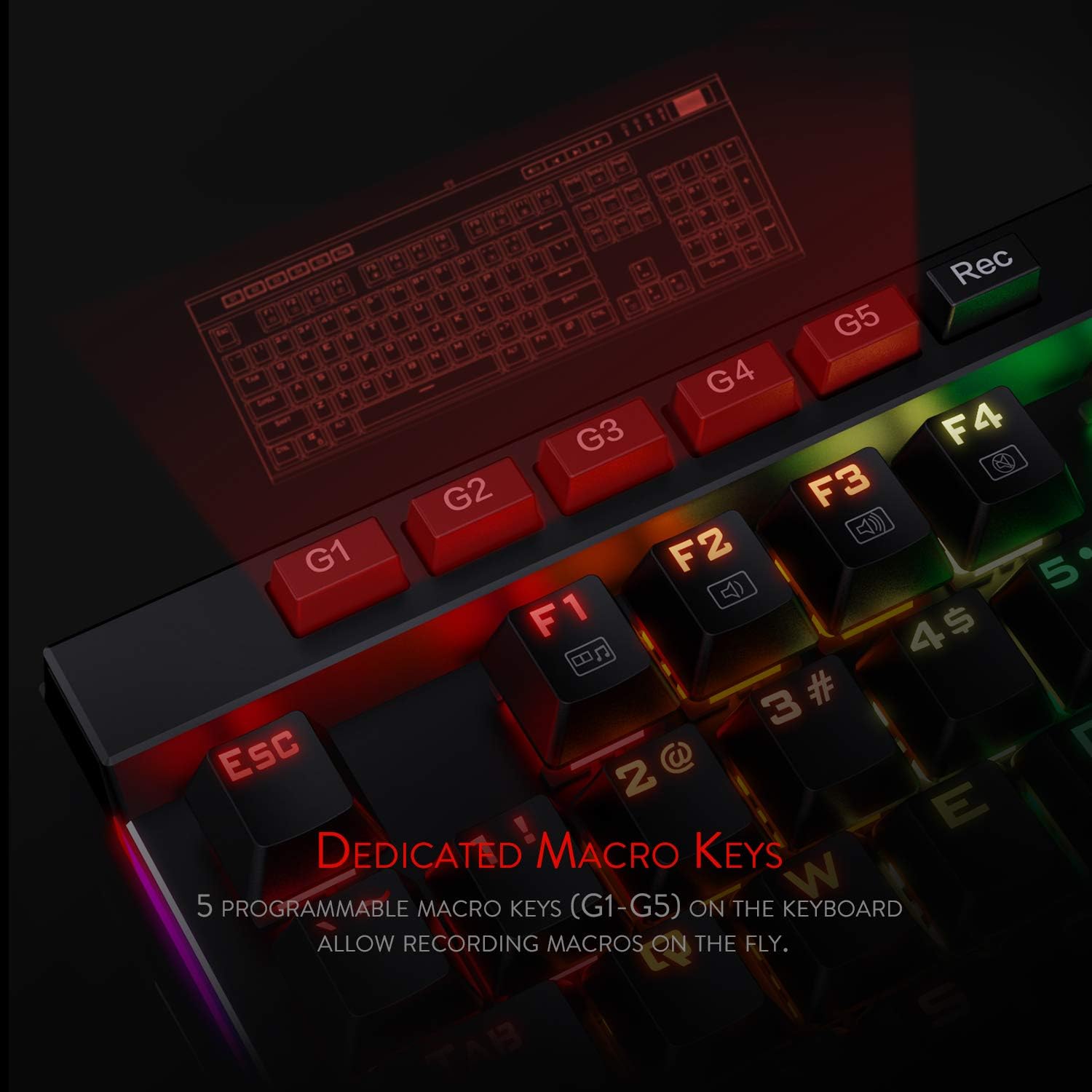 Redragon K580 VATA RGB LED Backlit Mechanical Gaming Keyboard with Macro Keys & Dedicated Media Controls, Hot-Swappable Socket, Onboard Macro Recording (Blue Switches) - Image 3